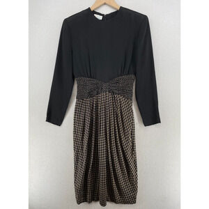 ST. GILLIAN SILKS Dress 4 Sheath Midi Printed Draped Long Sleeve Black Vintage